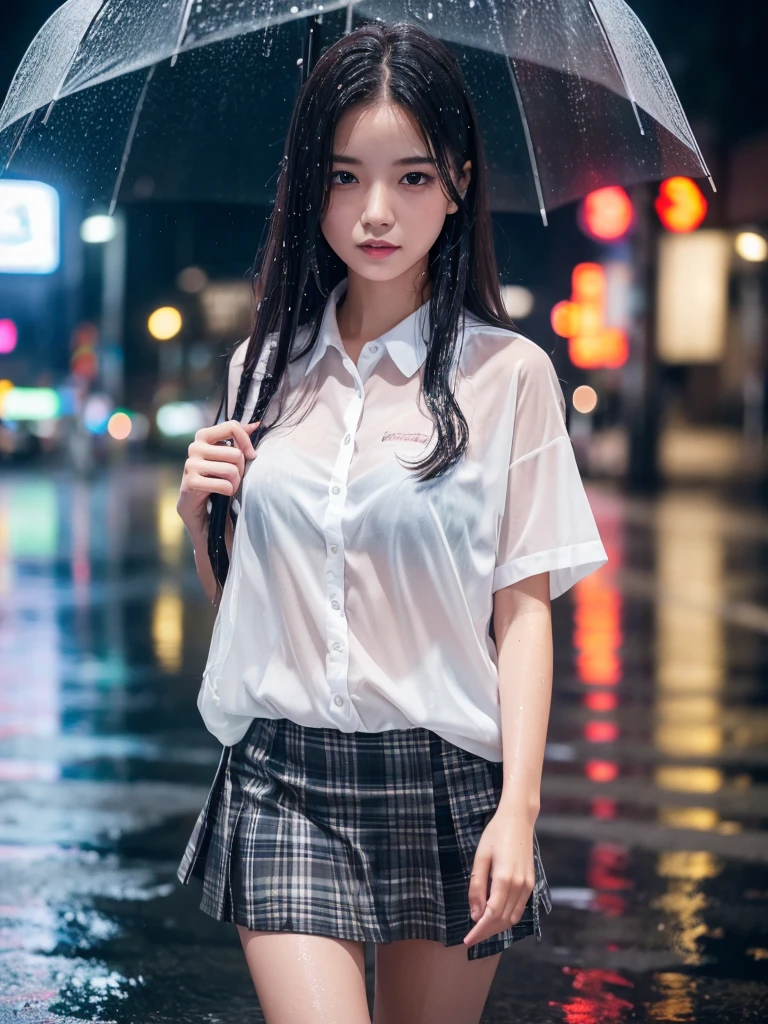 a high school girl walking through the streets of shibuya with a transparent umbrella in the heavy rainstorm, wearing a white short-sleeve shirt and checkered mini skirt, completely drenched from the heavy rain, (best quality,4k,8k,highres,masterpiece:1.2),ultra-detailed,(realistic,photorealistic,photo-realistic:1.37),detailed eyes,detailed lips,extremely detailed eyes and face,longeyelashes,beautiful girl,cute,charming,elegant,detailed wet clothes,detailed wet hair,detailed wet skin,rainy day,urban street,puddles,neon lights,detailed background,vivid colors,cinematic lighting,dramatic atmosphere