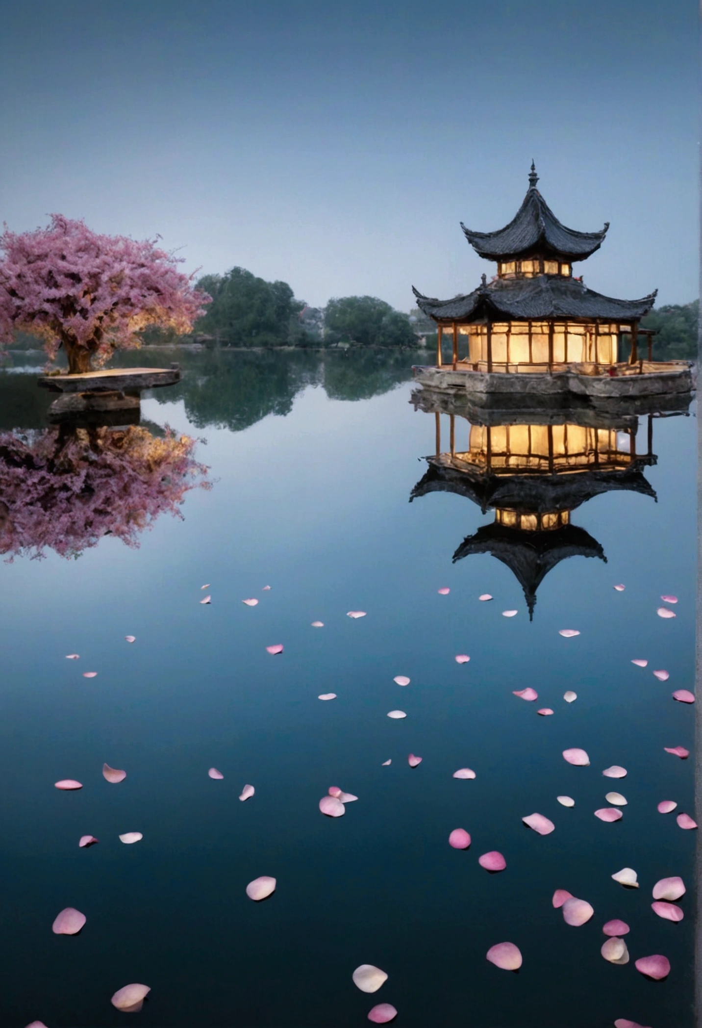 Felt style，Reflection on the surface of the lake，Flower Tree，Flower petals falling on the sparkling water，Ancient architecture，night，Felt texture