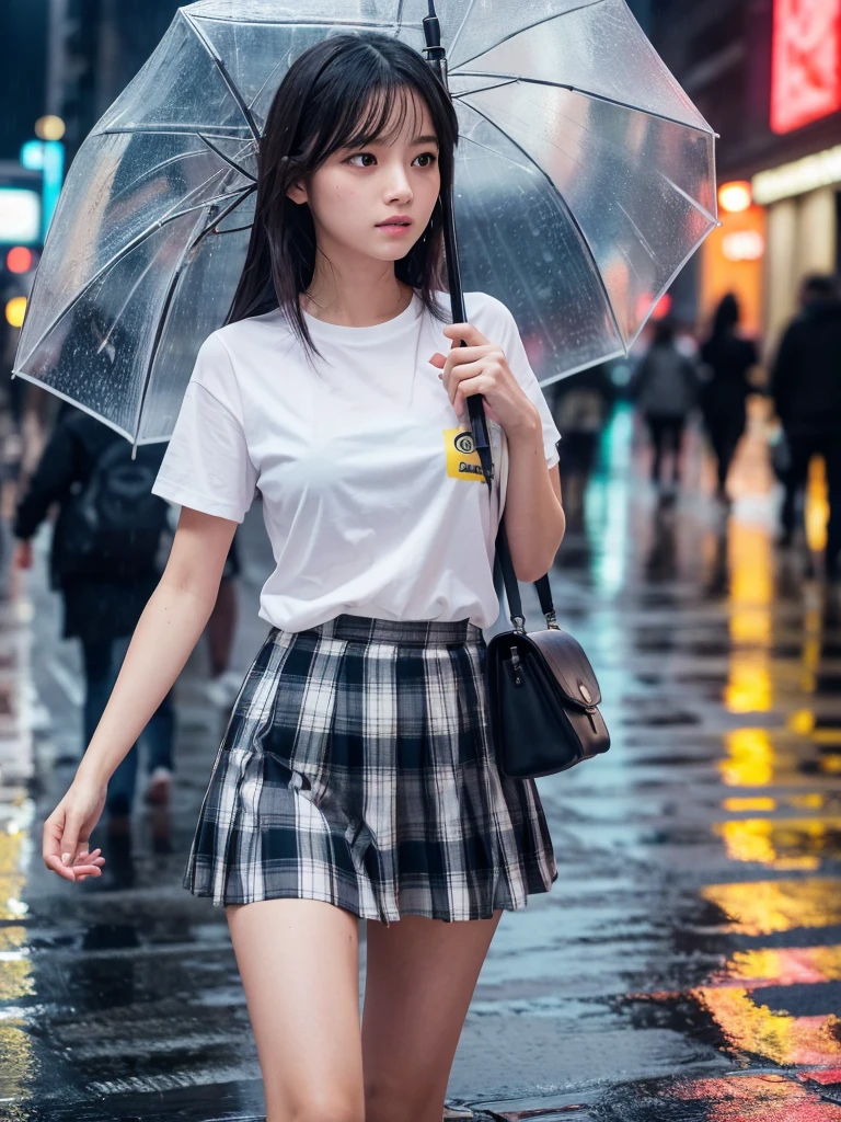 a high school girl walking through the streets of shibuya with a transparent umbrella in the heavy rainstorm, wearing a white short-sleeve shirt and checkered mini skirt, completely drenched from the heavy rain, 白シャツは雨でスケスケで、ピンクのブラトップが見えています, (best quality,4k,8k,highres,masterpiece:1.2),ultra-detailed,(realistic,photorealistic,photo-realistic:1.37),detailed eyes,detailed lips,extremely detailed eyes and face,longeyelashes,beautiful girl,cute,charming,elegant,detailed wet clothes,detailed wet hair,detailed wet skin,rainy day,urban street,puddles,neon lights,detailed background,vivid colors,cinematic lighting,dramatic atmosphere