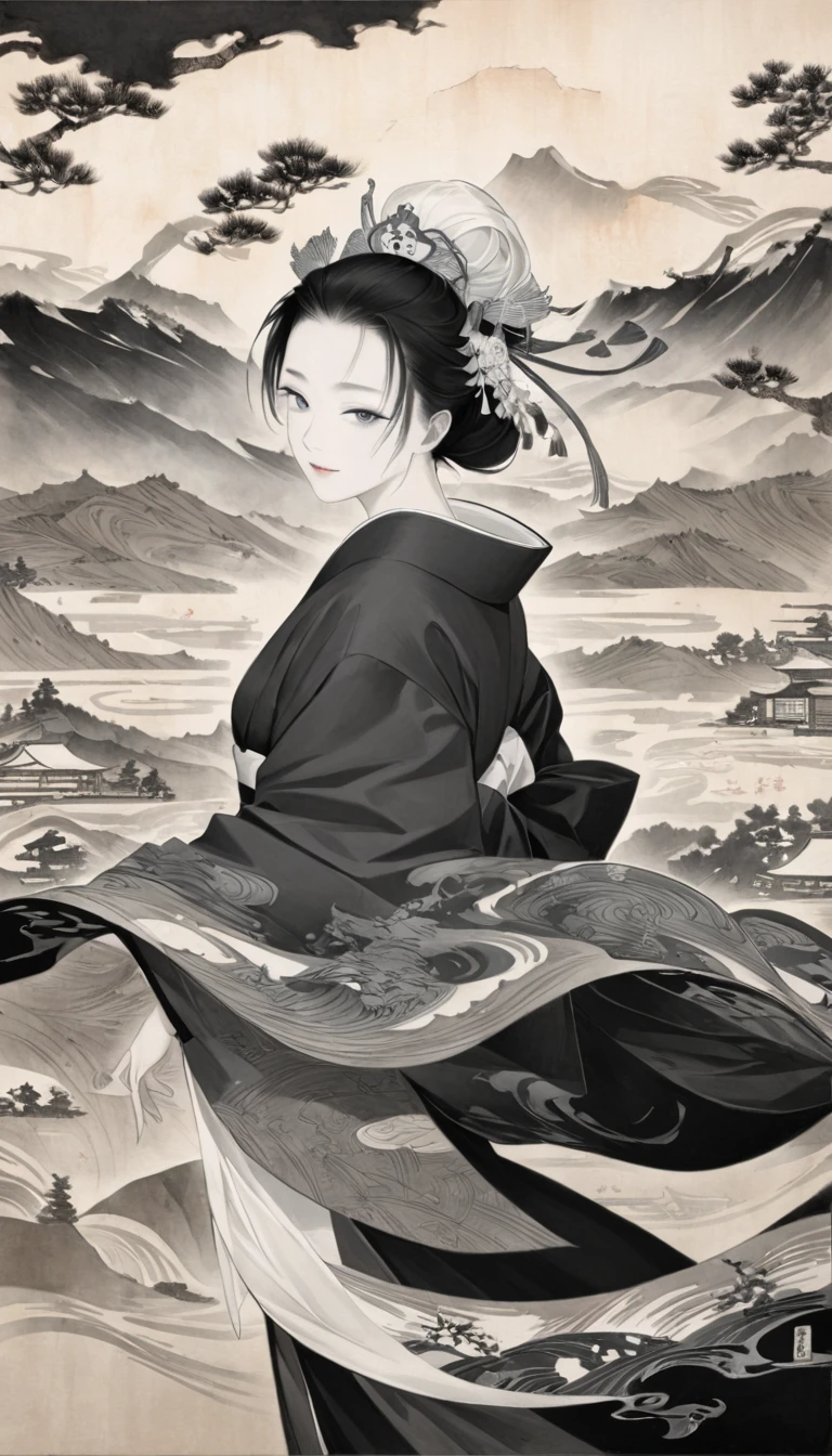 monochrome, pencil drawing, sumi-e, ink painting, Ukiyo-e, Japanese painting, woodblock print, fusion of watercolors and oil paintings, fusion of paper cutting and shadow puppetry, Himiko, the Queen of Yamataikoku, cool beauty, 170 AD to 248 AD, landscape images and effects from that era, classical art, iridescent effects, mix of monochrome and color, delicate and dynamic textures, contrasts of light and shadow, 2.5D, conceptual installation art, artistic photography, hyper realistic, graphic CG digital art, ultra detailed, absolutely resolution, best quality