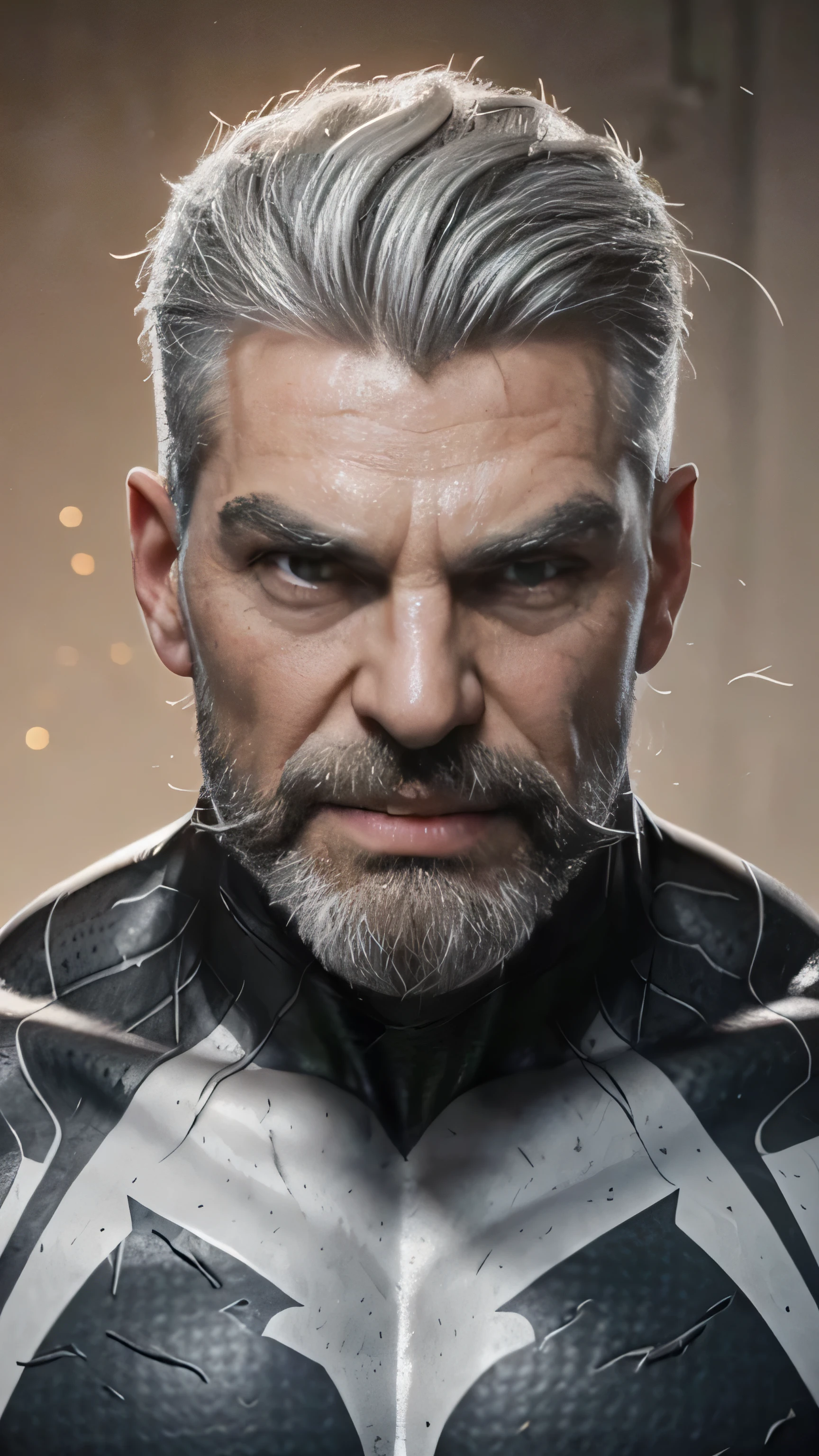 a muscular man, Quiff hairstyle, gray hair, gray mustache, gray beard, venom symbiote, large white spider symbol on symbiote, handsome face, detailed eyes, nose and lips, mouth wide open, detailed teeth, detailed vampiric fangs, 8k, high quality, photorealistic, dramatic lighting, cinematic
