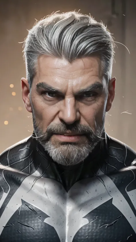 a muscular man, quiff hairstyle, gray hair, gray mustache, gray beard, venom symbiote, large white spider symbol on symbiote, ha...