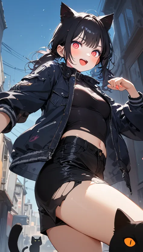 solo,1girl\(cute, kawaii, age of 12,(evil smile:1.2),open mouth, tongue, (black hair:1),(long hair),(twin tails hair),pale skin, skin color blue, red eyes, eyes shining, (big eyes),(breast:1.4),(punk fashion:1.6),(ripped clothes:1.5),(tight tube top),(tight hot pants),(stomach shown:0.8),(ripped black short jacket:1.4),(fluffy black cat-ear:1.4),(dynamic pose:1.2), spiralwash eyes, spiral eyes,bang\), BREAK ,background\(outside, noisy city, backstreet, narrow street, neon lights, at night\), BREAK ,quality\(8k,wallpaper of extremely detailed CG unit, ​masterpiece, high resolution, top-quality, top-quality real texture skin, hyper realistic, increase the resolution, RAW photos, best quality, highly detailed, the wallpaper, golden ratio\),(close up:1.0),dynamic angle, long shot,d4rkpurp