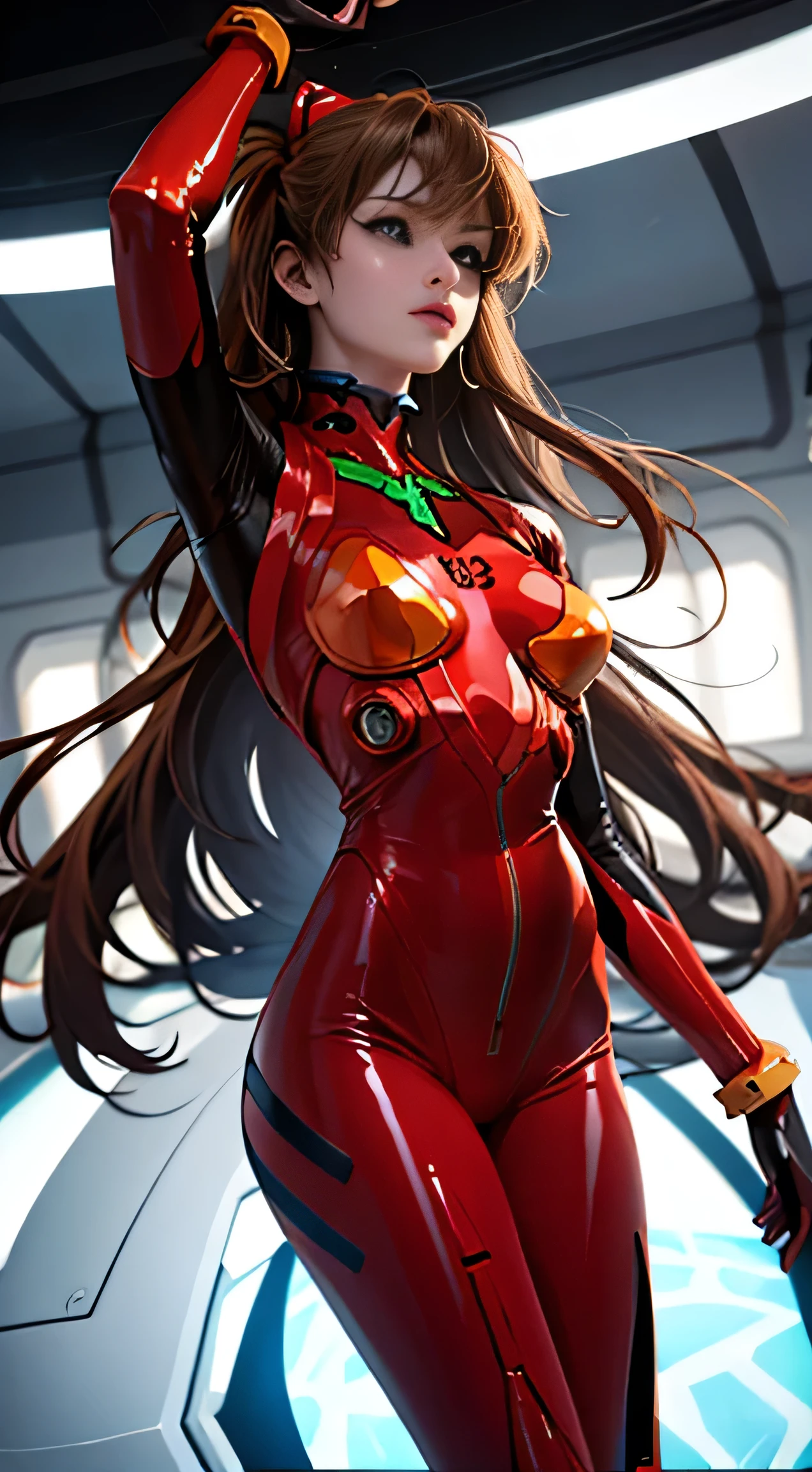 （Overlooking figure），Dynamic Angle，Dynamic Pose，Ultra-detailed，figure，Close-up，Frankly，1 huge big breast，Souryuaska Langley，
 （（Soryu Asuka Langley，Interface Headset，Red bodysuit：1.5，bionde）），Her eyes were shining like dream-like stars，（Glow Eyes：1.233），（Beautiful and delicate eyes：1.1），（With no expression，Shut your mouth.），（stand），
（In a white spaceship、Machine room with tools and spaceship window），
（night：1.2），dream-like， [[Thin fingers and hands：0.55]：：0.85]，（Detailed reference），,  Just One, Mature Girls, Slender and gorgeous, 
Random background color, Simple Background, 
BREAK Fine skin, Smooth Skin, Light Skin, Hydrated skin glow, Soft Skin, Firm and elastic skin, Oily, shiny skin, Fresh Skin, Healthy skin color, 
BREAK , mature design, Cute Pattern, Elegant colors, Low rise, 
BREAK Ultra-fine hair, Fine hair, Smooth Hair, Good color hair, Delicate hair, Moisturized hair shine, Precision Hair, Soft Hair, Body and bouncy hair, oily hair, Fresh Hair, Healthy colored hair, 
BREAK Attractive ankles, Transparent nail polish, 
BREAK Natural Makeup, Attractive lips, Fuller lips, Thin eyebrows, 
Random shooting angles, 