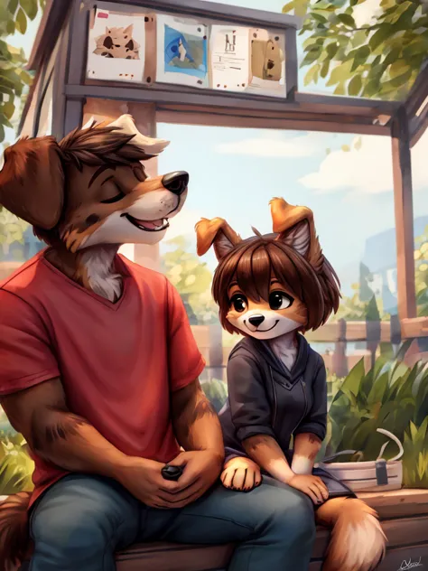 an anthropomorphic animal couple, a female dog with short brown hair and a male dog with black short hair, casual clothes, happy...