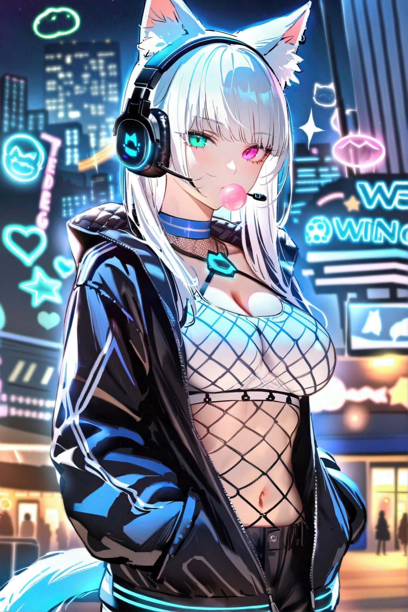 Masterpiece, UHD, anatomically correct, super detail, perfect details, special details, top quality, high qual, high quality, best detail, best quality, 8k, 1080P, 16k, award winning, highres, bright mood, mature girl, breast cleavage, long white hair, white cat ears, black headset with blue glowing LEDs, Heterochromia iridum, odd-eye, her left eye is yellow and right eye is blue, blue-black clothing colors, white crop top, fishnet collar, black jacket, black shorts, white cat tail, open belly, blue pattern on jacket, blue neon choker, black thighhighs, blowing green bubble gum, hands in pocket, standing, provocative pose, leaning forward, leaning upper body toward viewer, night, skyline, cat sitting on girl's shoulder and looking at viewer, detailed background