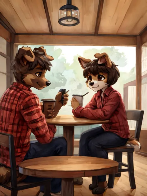 an anthropomorphic animal couple, a female dog with short brown hair and a male dog with black short hair, casual clothes, they ...