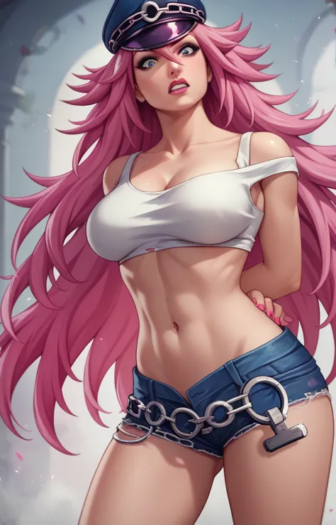 score_9, score_8_up, score_7_up, masterpiece, high quality 1girl, pink long hair, nail polish, poison, white crop top, huge , ha...