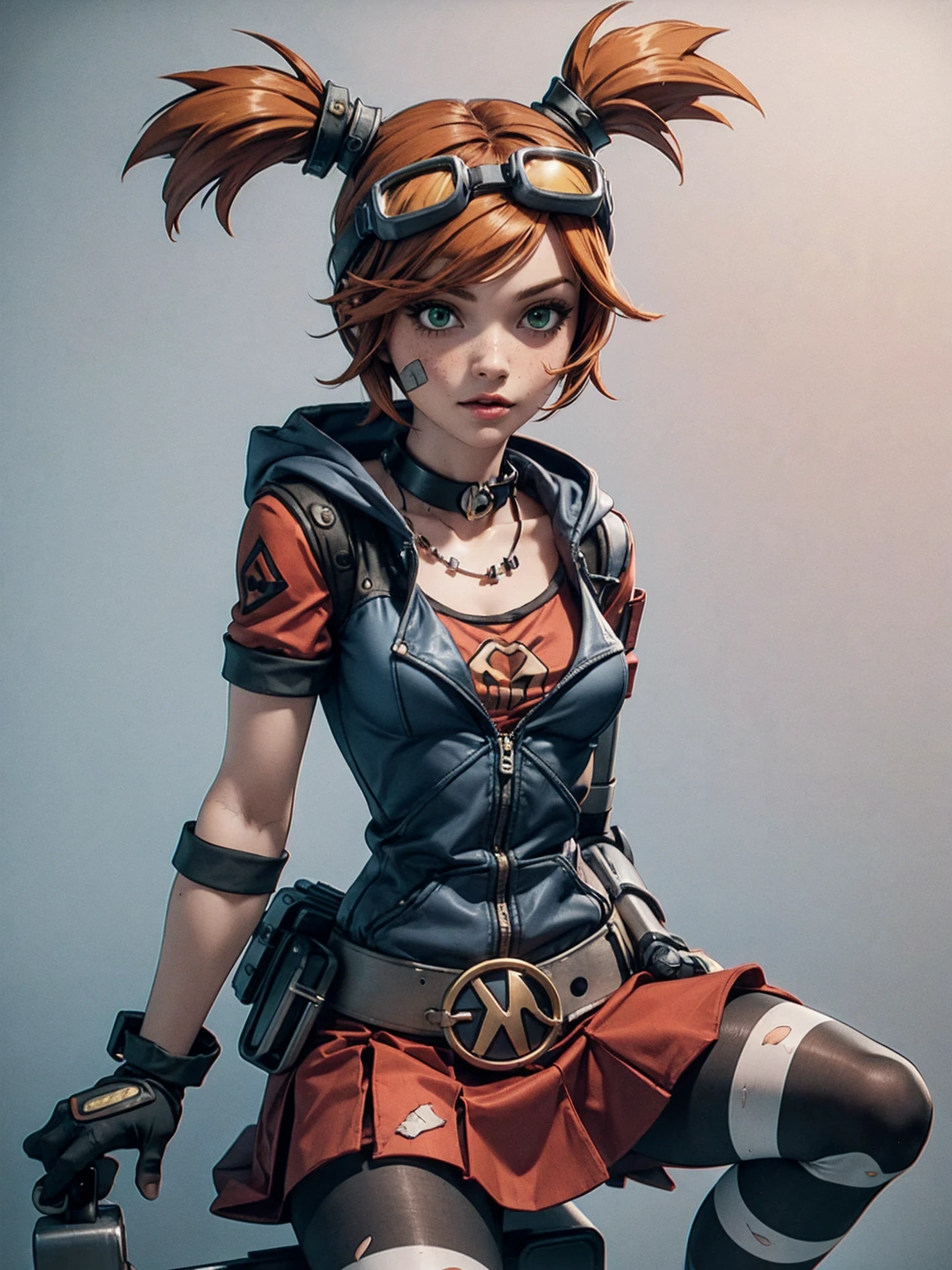 1girl, Gaige from borderlands 2, short stature, slim and weak, skirt hiked up, riding a mechanical penis, inserting penis into vagina, ridingsexscene, twintails, freckles, single mechanical arm, goggles on head, bandaid on face, choker, gloves, belt, skirt, striped pantyhose, hood, necklace, torn clothes