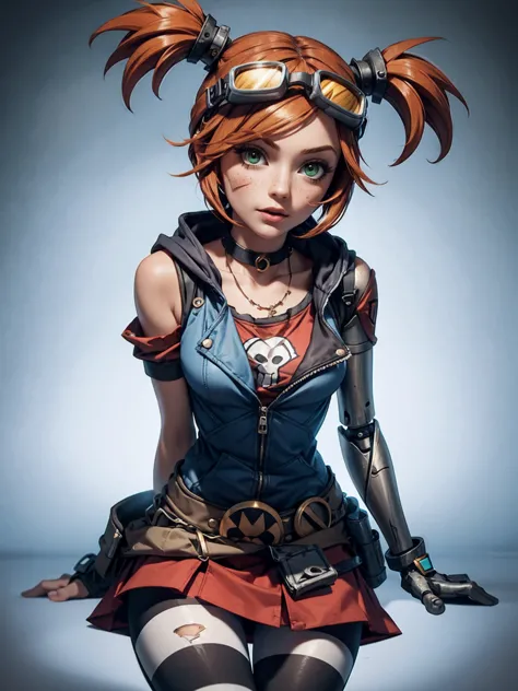 1girl, gaige from borderlands 2, short stature, slim and weak, skirt hiked up, riding a mechanical penis, inserting penis into v...