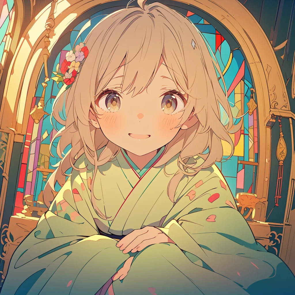 super high quality、( Highly detailed original illustration)、(((One little girl)))、 ((Japanese kimono、Neutral Color))、(close your eyes、Smile)、((Stained glass_pastel colour、warm color))、Photorealistic、high detail、Delicate and transparent illustrations、Details that enhance vitality、Soft light on the scene、Zhou Haoguang、Well-balanced exposure、A high-definition masterpiece、Amazing details、intricate texture、High resolution、Good effect、8k