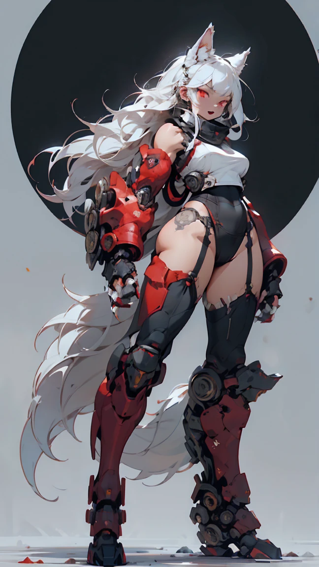 Wolf Beast、One Woman, Silver Hair, Very long hair,Red eyes, Wolf Ears, Fangs and furry body, , Large Breasts, Big Ass, whole body, The tail of the beast,leotard、Mechanical Gauntlet、Machine Leg Garters、Knee socks