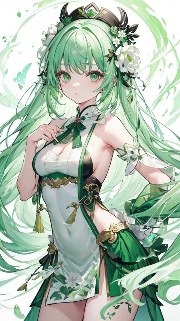 Green peony flowers for decoration，Long light green hair，Dark green and white clothes，Fairy Sister of Hehuan Sect，A crazy beauty who knows how to whip slaves！