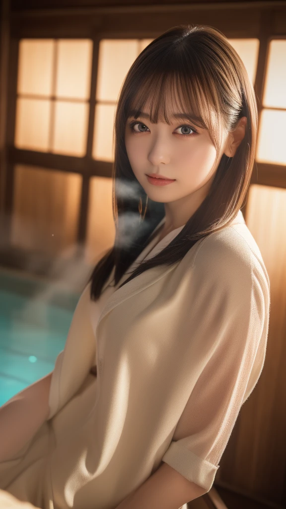 1girl,beautiful detailed eyes,beautiful detailed lips,extremely detailed eyes and face,longeyelashes,short hair,school uniform,looking at viewer,outdoor hot spring bathhouse,rural japanese inn,steam,warm lighting,natural light,dramatic lighting,atmospheric,moody,serene,tranquil,(best quality,4k,8k,highres,masterpiece:1.2),ultra-detailed,(realistic,photorealistic,photo-realistic:1.37),HDR,UHD,studio lighting,ultra-fine painting,sharp focus,physically-based rendering,extreme detail description,professional,vivid colors,bokeh,photography,landscape