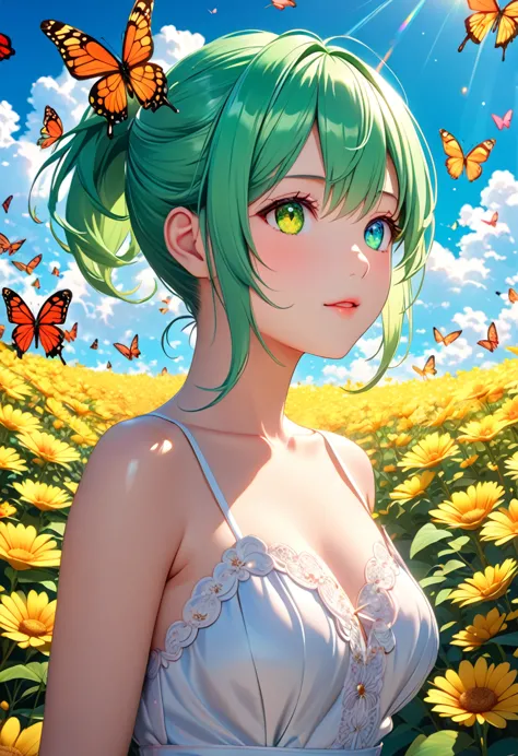 masterpiece, cat girl with green hair, heterochromia of {{{yellow right eye}}} and {{{green left eye}}}, single high ponytail, l...