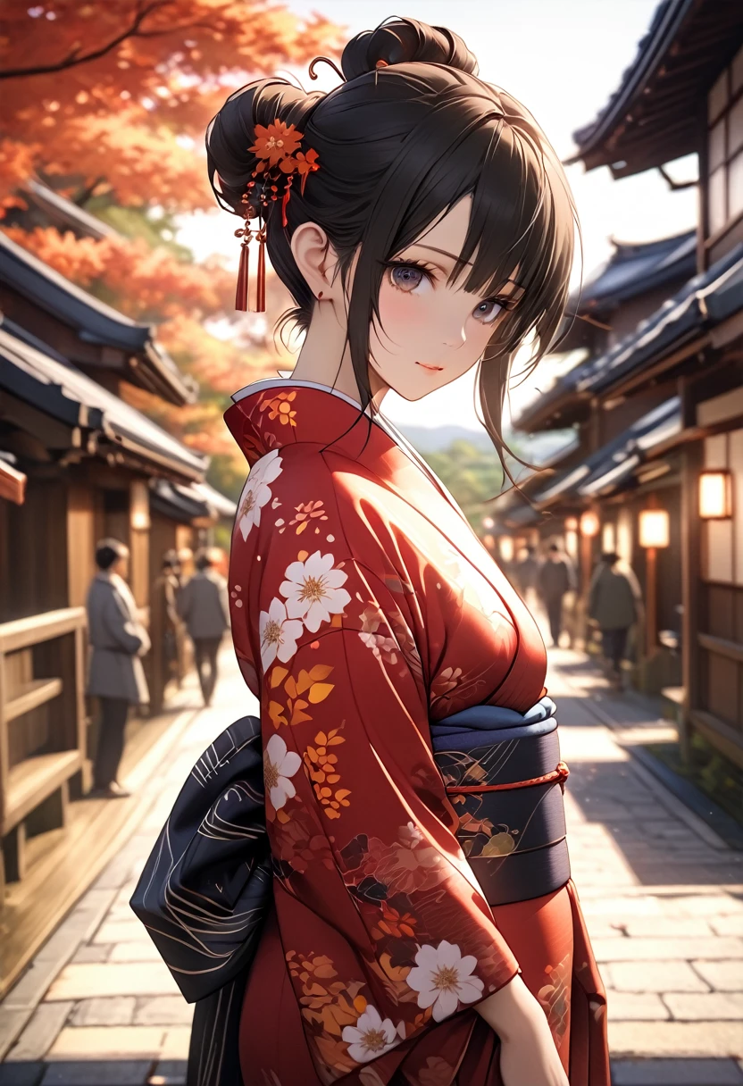 masterpiece, Attention to detail, High resolution, RTTX 10.0, 8k, high quality, season　autumnの、Staring at the audience、Official Art, Beautiful woman, Kyoto, kimonoを描く, Black Hair, Topknot, Flower Hairpin, Cowboy Shot, Outdoor, autumn, autumn leaves, autumn leaves, Fallen leaves, Flower Field, path, Distant Mountain々is changing color、Detailed anime artwork.Blur the background with a sickle,((Tabletop)), ((最high quality))、kimono、華麗なkimono、Detailed Background、Attention to detail、whole body、From head to toe、Abundant、unreal engine、whole body、portrait、angle、Overlooking、dynamic,