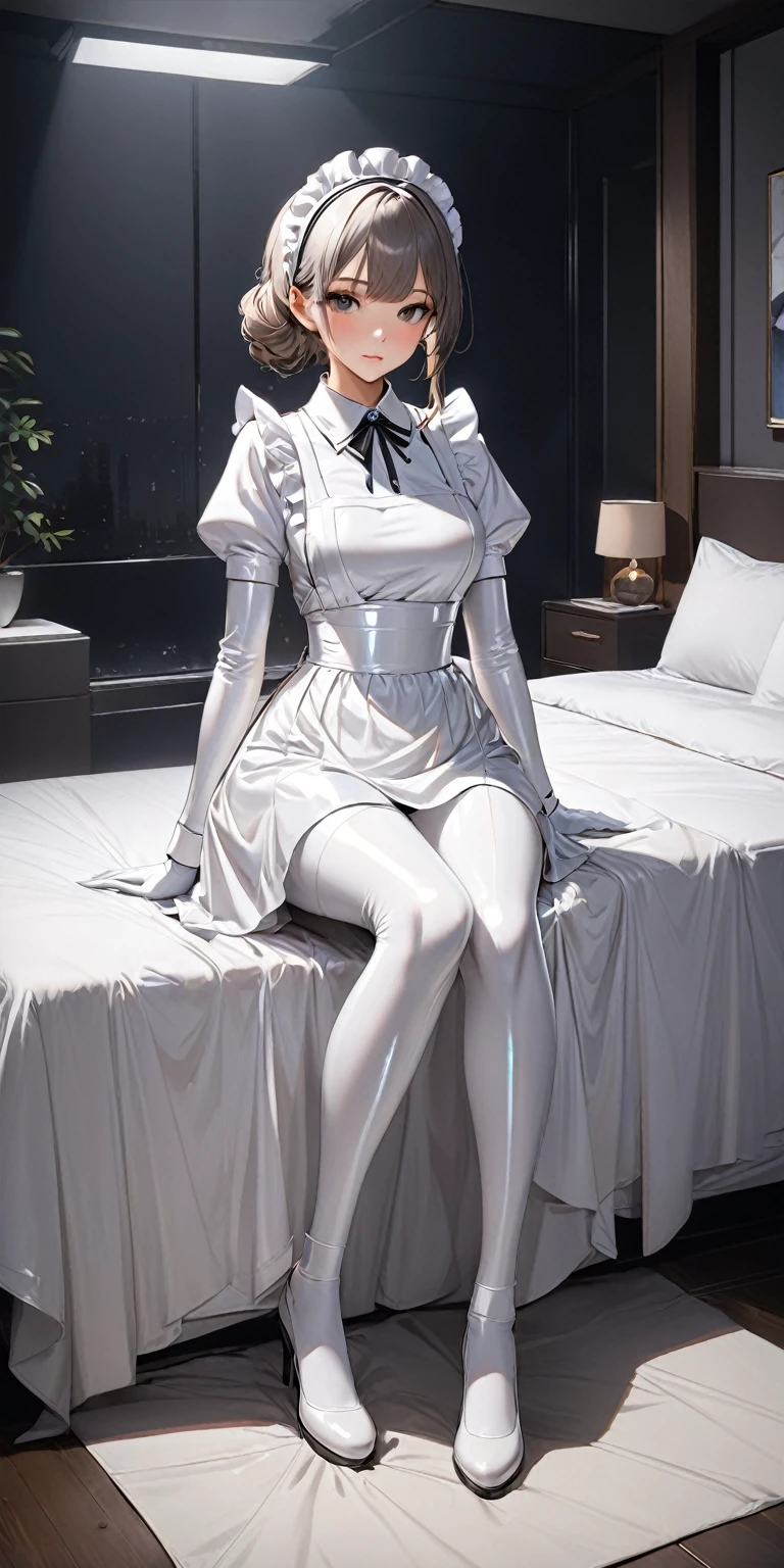 Full body photo、Front facing pose、(masterpiece,Highest quality,Ultra-high resolution),Japanese women, Maid's headband、(((Very beautiful 2))),(White latex maid outfit)、(Long sleeve)、(((White latex long skirt)))、White latex long gloves、White latex tights、Latex is very shiny、Tight white latex bodysuit、Dark room at night、Sit on the edge of the bed