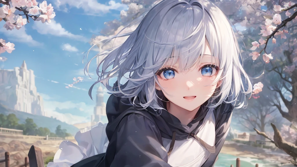 Ultra HD,Look at the viewers, and, 20-year-old, 非常にshort hair, Long bangs between the eyes, Pale blue eyes, Very detailed,(masterpiece、Highest quality),Gray Hair、Laughter、wonderful, Silver Hair, iris, short hair、Small face、明るいsmile、(Detailed face) ,Professional Lighting,wonderful風景,blue sky, sunlight,Looking down from above,Portraiture、Open your mouth、Flower Field、Her eyes were shining、Mysterious and enchanting atmosphere。With AI Painting、andてもshort hair, Long bangs between the eyes, Very detailed,(masterpiece、Highest quality)、alone、Gray Hair、Fantasy, Silver Hair, Fantasyな風景、smile、Open your mouth、short hair、short hair、hairpin、black eye、Grey Eyes、Beautiful Eyes、Black Shirt、White hoodie、Anime Eyes