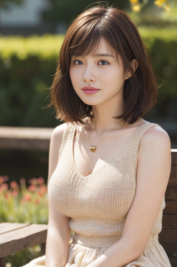 （Highest quality，Hyper HD, Tabletop,Super Detail）、short hair、Light brown hair、Brown Eyes、（Live-action realistic style）,Very beautiful face,Photorealistic Light and Shadows,Distinct facial features,Milky skin,Fair skin,Realistic skin detail,Visible pores,Whole Body Ezbian,Medium Hair,（Flowing Hair）,Extravagant space,Browsing Caution：1.07、((Big natural breasts)),bangs,big, Slim figure,、Beige knit dress、Detailed knit fabric、Petite figure、Long skirt dress、Park in the evening、Sitting on a bench、Simple design necklace