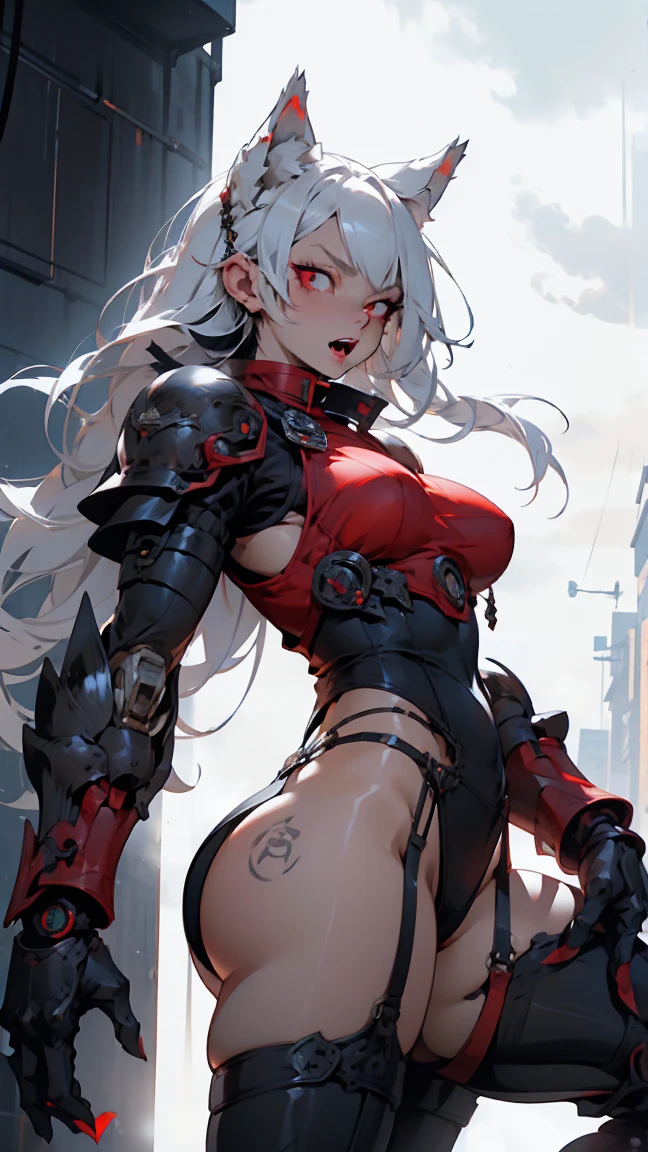 Wolf Beast、One Woman, Silver Hair, Very long hair,Red eyes, Wolf Ears, Fangs and furry body, , Large Breasts, Big Ass, whole body, The tail of the beast,Black leotard、Mechanical Gauntlet、Machine Leg Garters、garter belt、high resolution、High resolution