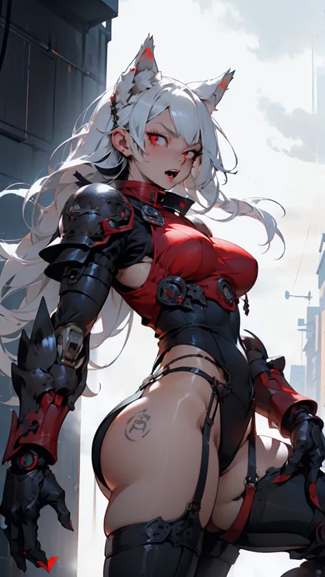 wolf beast、one woman, silver hair, very long hair,red eyes, wolf ears, fangs and furry body, , large breasts, big ass, whole bod...