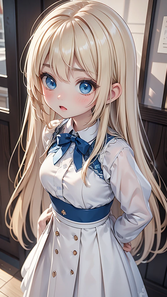 (8k、Highest quality、Highest quality、masterpiece)、Facial details、((One person))、Center part long hair、Caucasian Blonde、Slender and slim figure、Small breasts、Big Blue Eyes、(Troubled expression 1.5、Blush 1.3、Rage 1.3、Surprise 1.2)、Elegant dress in a ta style、Balanced Exposure、Walking through Tokyo Station、Depict the whole body