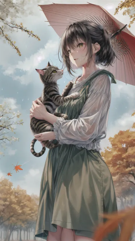 ((highest quality)), ((masterpiece)), (detailed), 8k, trying to rescue an abandoned cat in the park in the autumn rain、cute japa...