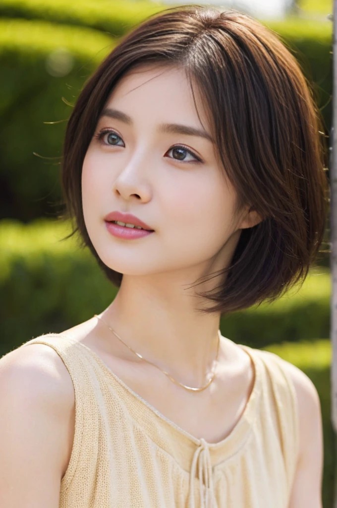 （Highest quality，Hyper HD, Tabletop,Super Detail）、((Very Short Hair))、Light brown hair、Brown Eyes、（Live-action realistic style）、Very beautiful face、Photorealistic Light and Shadows、Distinct facial features,Milky skin,Fair skin,Realistic skin detail,Visible pores,Whole Body Ezbian,（Flowing Hair）,Extravagant space,Browsing Caution：1.07、((Big natural breasts)),((Big natural tits))、bangs,big, Slim figure,、Beige knit dress、Detailed knit fabric、Petite figure、Long skirt dress、Park in the evening、Sitting on a bench、Simple design necklace