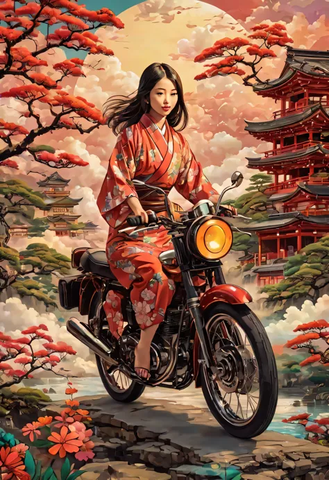 girl riding an antique motorcycle、motorcycle design featuring traditional japanese patterns、a beautiful girl wearing a japanese-...