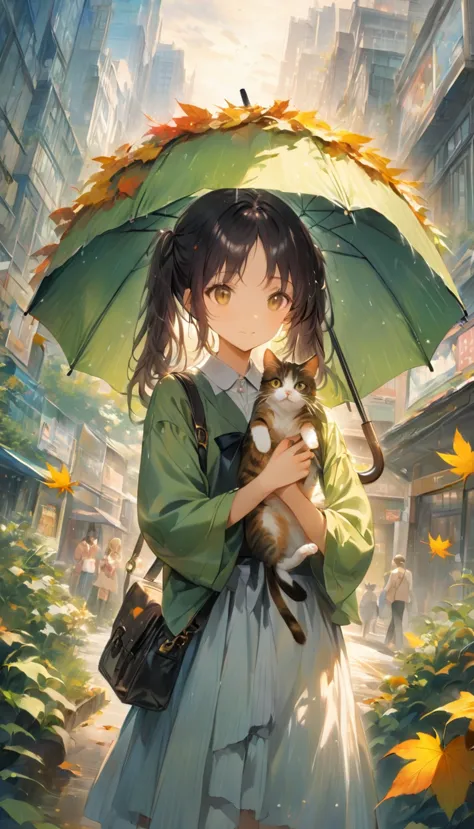 ((highest quality)), ((masterpiece)), (detailed), 8k, trying to rescue an abandoned cat in the park in the autumn rain、cute japa...