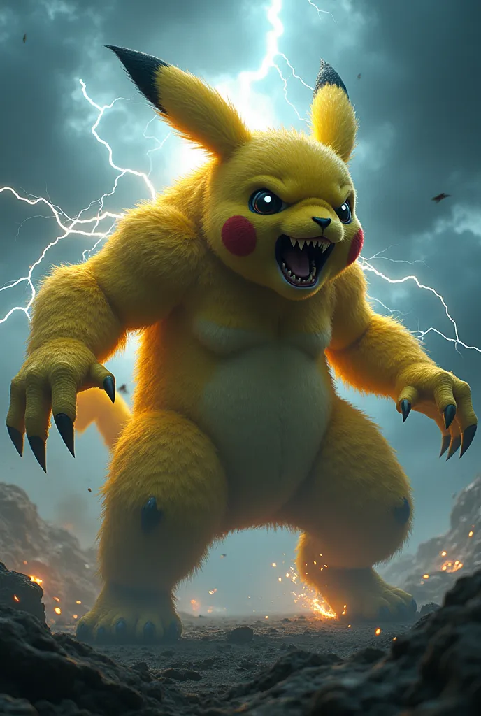 Pikachu transformed into an overwhelmingly ferocious thunder beast、Rumbling Lightning、Dark clouds、Heavy downpours、Realistic、Cinematic composition、Extending Fangs、8 heads、Doomsday Beast