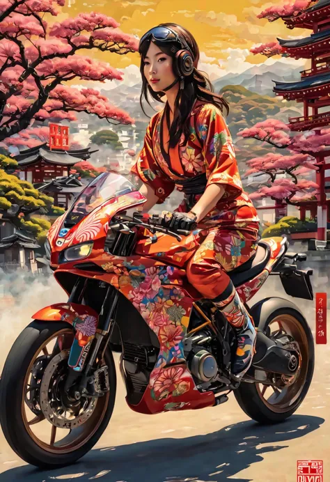 girl riding a ducati motorcycle、motorcycle design featuring traditional japanese patterns、a beautiful girl wearing a racing suit...