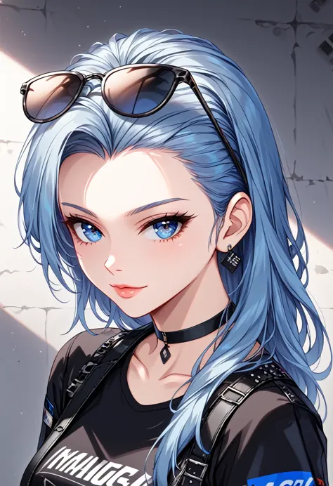 a girl,impasto,blue hair,edge of hair dye black,mullet hairstyle,slanted blue eyes,black tshirt,black leather choker,black short...