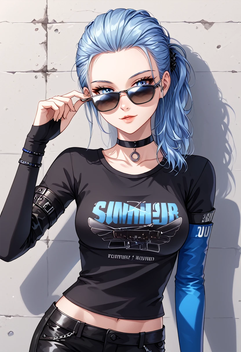 a girl,impasto,blue hair,edge of hair dye black,mullet hairstyle,slanted blue eyes,black Tshirt,black leather choker,black short pants,silver accessories,stylish blue arm sleeves,sunglasses,sexy,zoning off,high quality,