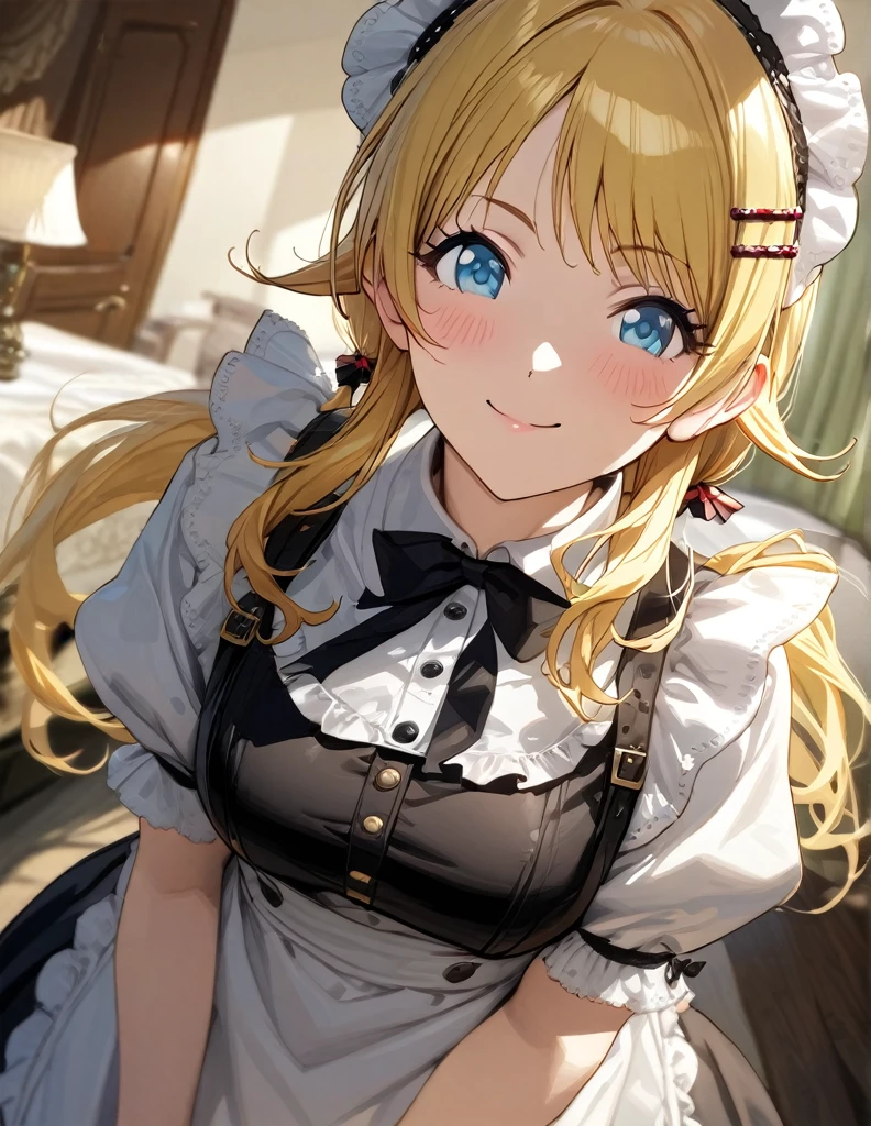 (masterpiece),(Highest quality),(Very detailed),(Best illustrations),(Best Shadow),(Absurd),(Detailed Background),(so beautiful), 
Official Style,

Meguru Hachimiya, blonde hair, long hair, Blue eyes,

the idolmaster shiny colors,
low twintail,
chest,
blush,
smile,

edwardian Maid,

alone,
bedroom,
Background Blur, 
focus on face,
realistic skin,
cowboy shot,