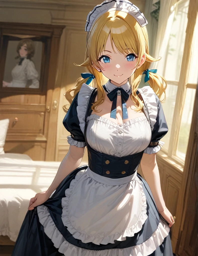 (masterpiece),(Highest quality),(Very detailed),(Best illustrations),(Best Shadow),(Absurd),(Detailed Background),(so beautiful), 
Official Style,

Meguru Hachimiya, blonde hair, long hair, Blue eyes,

the idolmaster shiny colors,
low twintail,
chest,
blush,
smile,

edwardian Maid,

alone,
bedroom,
Background Blur, 
focus on face,
realistic skin,
cowboy shot,