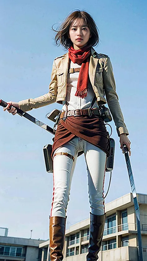 masterpiece, best quality, highres, hmmikasa, short hair, black eyes, scarf, emblem, belt, thigh strap, red scarf, white pants, brown jacket, long sleeves, holding weapon, sword, dual wielding, three-dimensional maneuver gear, fighting stance, sky,