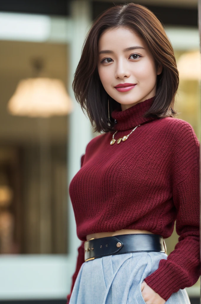 Beautiful girl standing in front of a store in a shopping mall, (Surreal,High resolution, Very detailed:1.2), (8k), (Beautiful and beautiful eyes, Detailed face:1.2), (Highest quality), (Very detailed), (( masterpiece)),Highest quality,Very detailed, Beautiful woman standing wearing a dark red checked single-breasted blazer ,break, White turtleneck sweater, High-waisted flared jumper skirt、Blue belt included, (Ultra-realistic pantyhose), Full Body Shot、 Black medium bob, Beautiful and beautiful eyes, Cute Face, Large Bust,((Naturally shaped big breasts))、 Big Boss, Elegant and beautiful features, Captivating smile, Age 25, mature, Realistic drawing art , 1 female, (Whole Body Ezbian:1.2),(Head to Bust Image Scope)、Simple Necklace