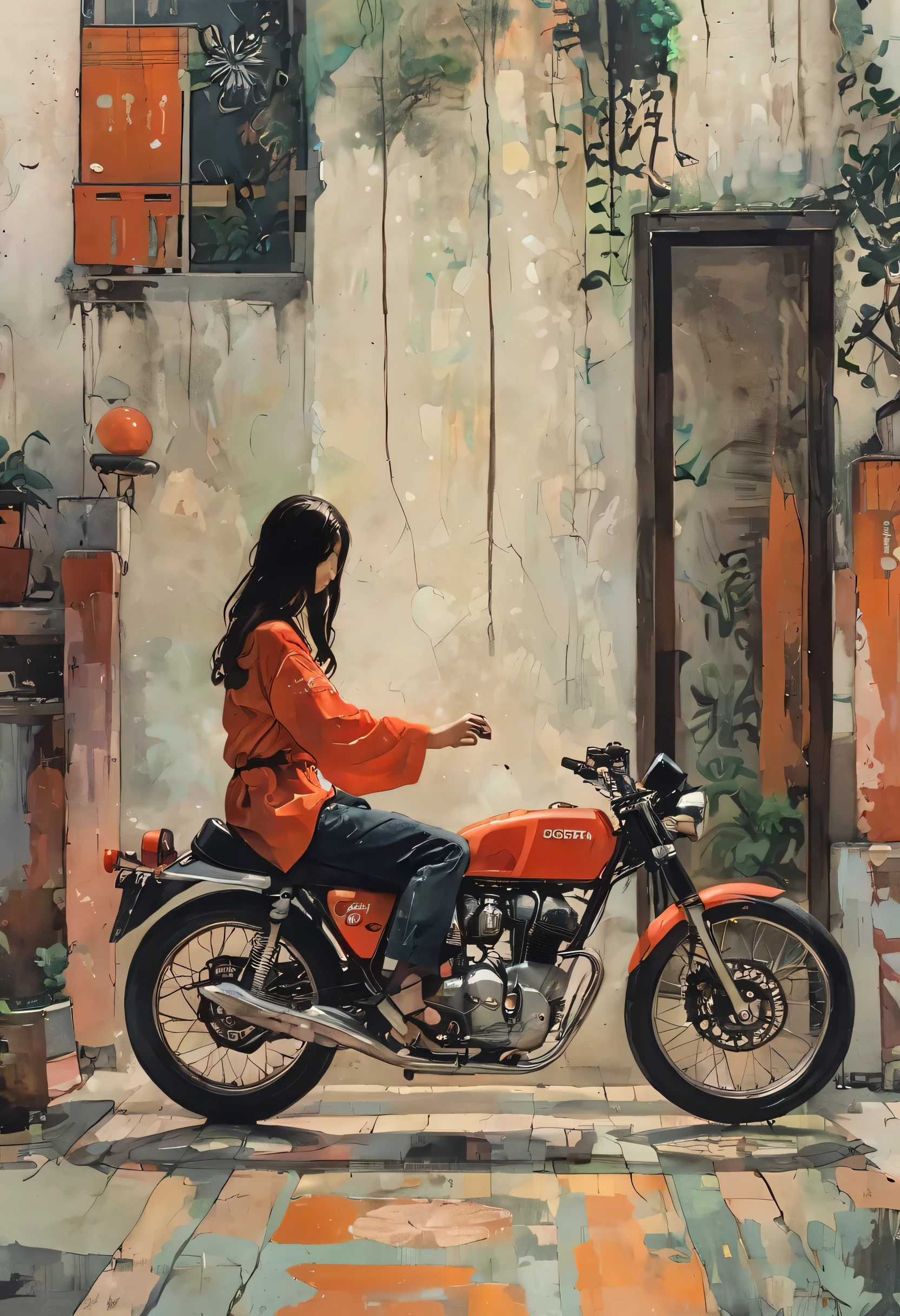 Girl riding a Ducati motorcycle、Motorcycle design featuring traditional Japanese patterns、A beautiful girl wearing a racing suit with a Japanese pattern、Japanese traditional art、Kimono-like Japanese style、Japanese style、Shangri-La、Pop Art、psychedelic、Highest quality、Masterpiece、style of Diane Dillon, 
