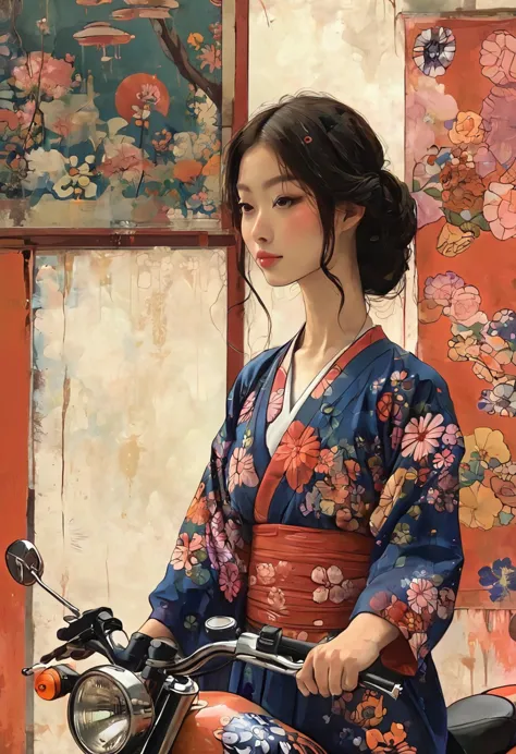 girl riding a ducati motorcycle、motorcycle design featuring traditional japanese patterns、a beautiful girl wearing a racing suit...