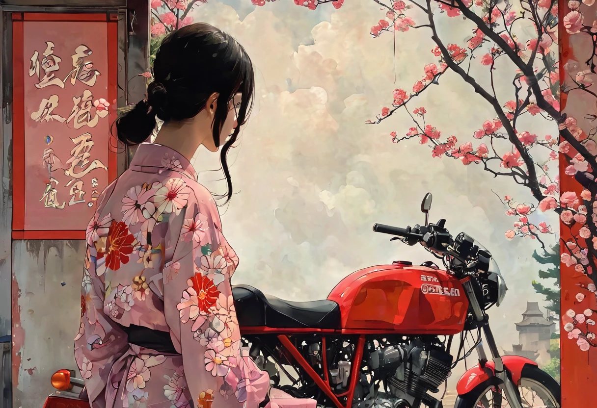 Girl riding a Ducati motorcycle、Motorcycle design featuring traditional Japanese patterns、A beautiful girl wearing a racing suit with a Japanese pattern、Japanese traditional art、Kimono-like Japanese style、Japanese style、Shangri-La、Pop Art、psychedelic、Highest quality、Masterpiece、style of Diane Dillon, 
