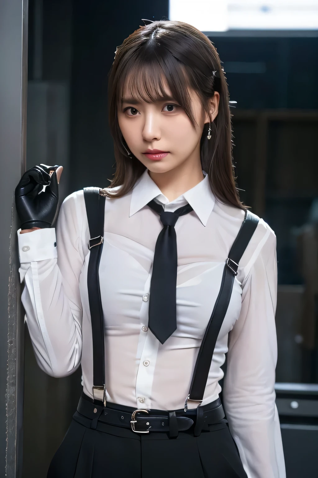 a woman in a suit, belt, hands behind back, sweating, suspenders, black pants, sexly, large breasts, see-through clothing, rain, detective, office worker, white button-up shirt, (best quality,4K,8k,highres,masterpiece:1.2),ultra-detailed,(realistic,photorealistic,photo-realistic:1.37),hyper-detailed,highly detailed face and body, Slender　thin　suspenders　Moderate breasts　See-through shirt　Nipples　holster　chain　Pistol　Armament　criminal　Female criminal　knife 　 Hands Behind Back　Constraints　handcuffs　Cable ties　Cable ties on thumbs Big breasts　Nipples　See-through clothes, hands above head　Pose of surrender
