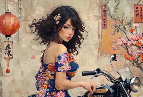 girl riding a retro motorcycle、motorcycle design featuring traditional japanese patterns、a beautiful girl wearing a racing suit ...