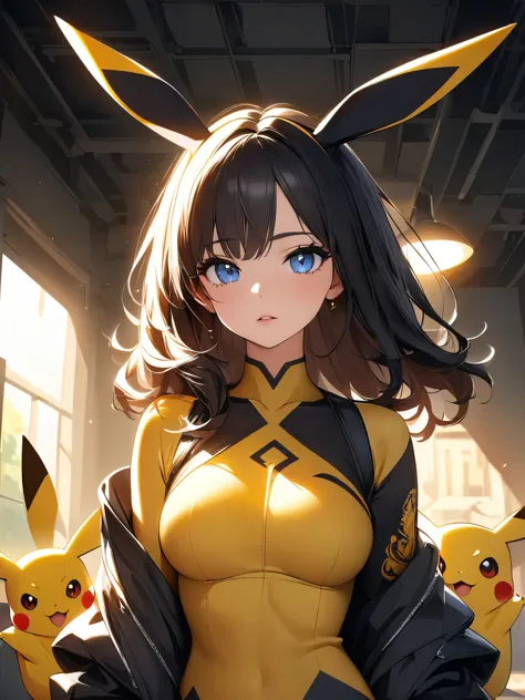 Pokémon, Pikachu, 女体化Pikachu, Full body view:1.4, Yellow bodysuit:1.2, Pikachuインスパイアドレス:1.2, Pikachuの耳:1.4, Pikachuのシッポ:1.2, Yellow and black motif, Beautiful Eyes, Beautiful Face, Moist lips, woman, Pikachuのコスプレ衣装, Pikachuをイメージした衣装, Pikachuモチーフ:1.2, Pikachuインスパイア:1.2, Bright lighting, green park background, (Highest quality, 4K, 8k, High resolution, masterpiece:1.2), Super detailed, (Beautiful CG illustrations:1.2, Cute anime style, Dramatic atmosphere, High contrast, Chiaroscuro), Studio Lighting, Dramatic Contrast, Warm tones, Rich texture.