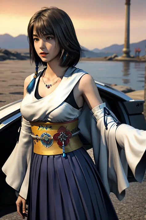 one girl, alone, jewelry, removable sleeves, necklace, blue beaded earrings, hakama skirt yuna ffx, ultra-high resolution, photo...