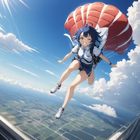 blue hair, girl, high school student、uniform, club room, small breasts, sky diving, bedhead, ahoge, smile, a big smile