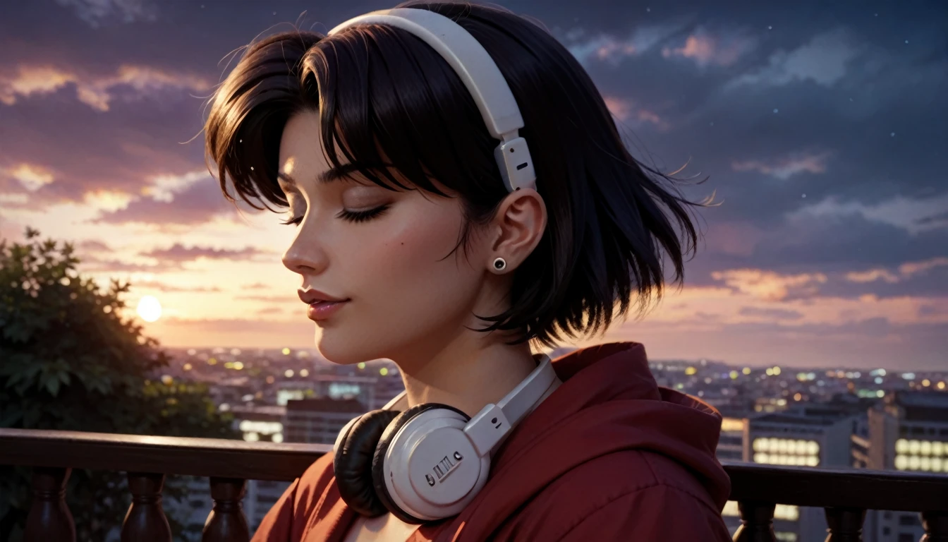 Detailed and detailed depiction, cel style, vivid details, retro anime, 90s anime, VHS picture quality, moody lighting, girl in the twilight of the night city of Tokyo, the girl wears headphones, eyes closed, beautiful black hair with short hair