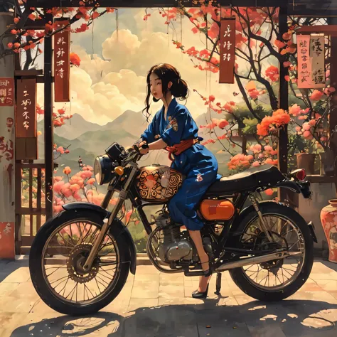 girl riding a retro motorcycle、motorcycle design featuring traditional japanese patterns、a beautiful girl wearing a racing suit ...