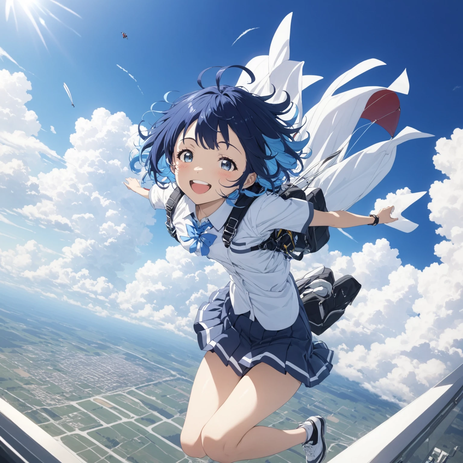 Blue Hair, girl, high school student、uniform, Club room, Small breasts, sky diving, Bedhead, Ahoge, Smile, A big smile, Fluttering in the wind