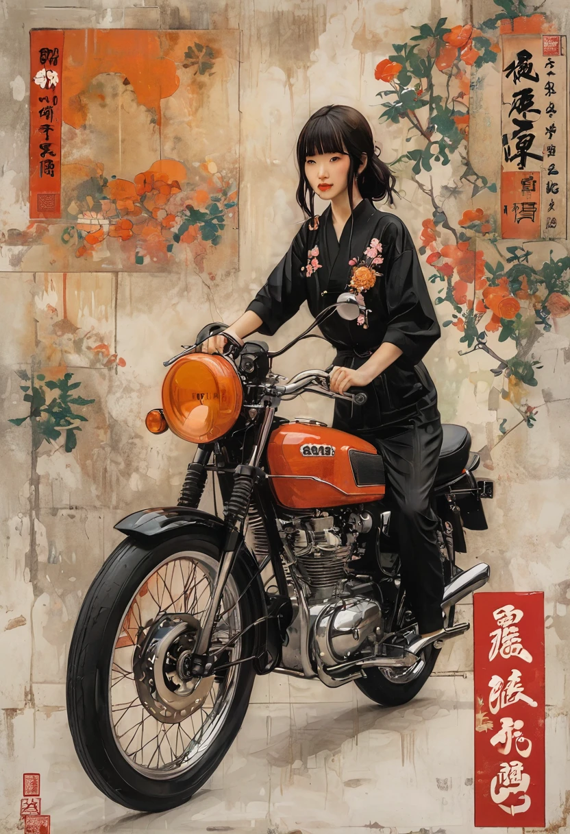 Girl riding in a retro classic car、Motorcycle design featuring traditional Japanese patterns、A beautiful girl wearing a racing suit with a Japanese pattern、Japanese traditional art、Kimono-like Japanese style、Japanese style、Shangri-La、Pop Art、psychedelic、Highest quality、Masterpiece、style of Diane Dillon, 
